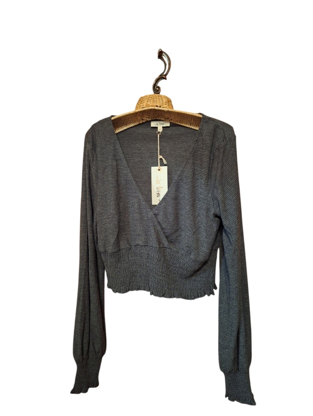 IN Lloom  Charcoal Gray V-Neck Smocked Hem Long Sleeve Crop Top Medium NWT